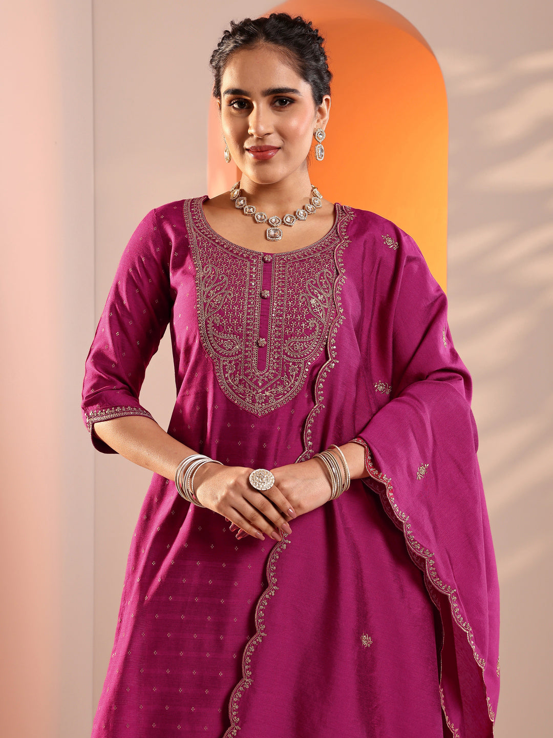  Magenta Embellished Silk Blend Straight Suit Set With Dupatta 