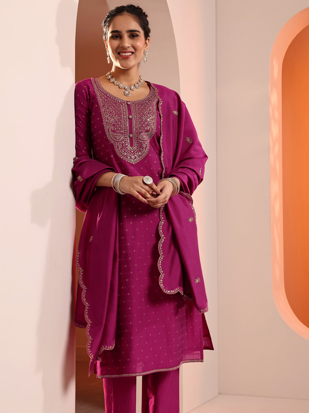 Magenta Embellished Silk Blend Straight Suit Set With Dupatta