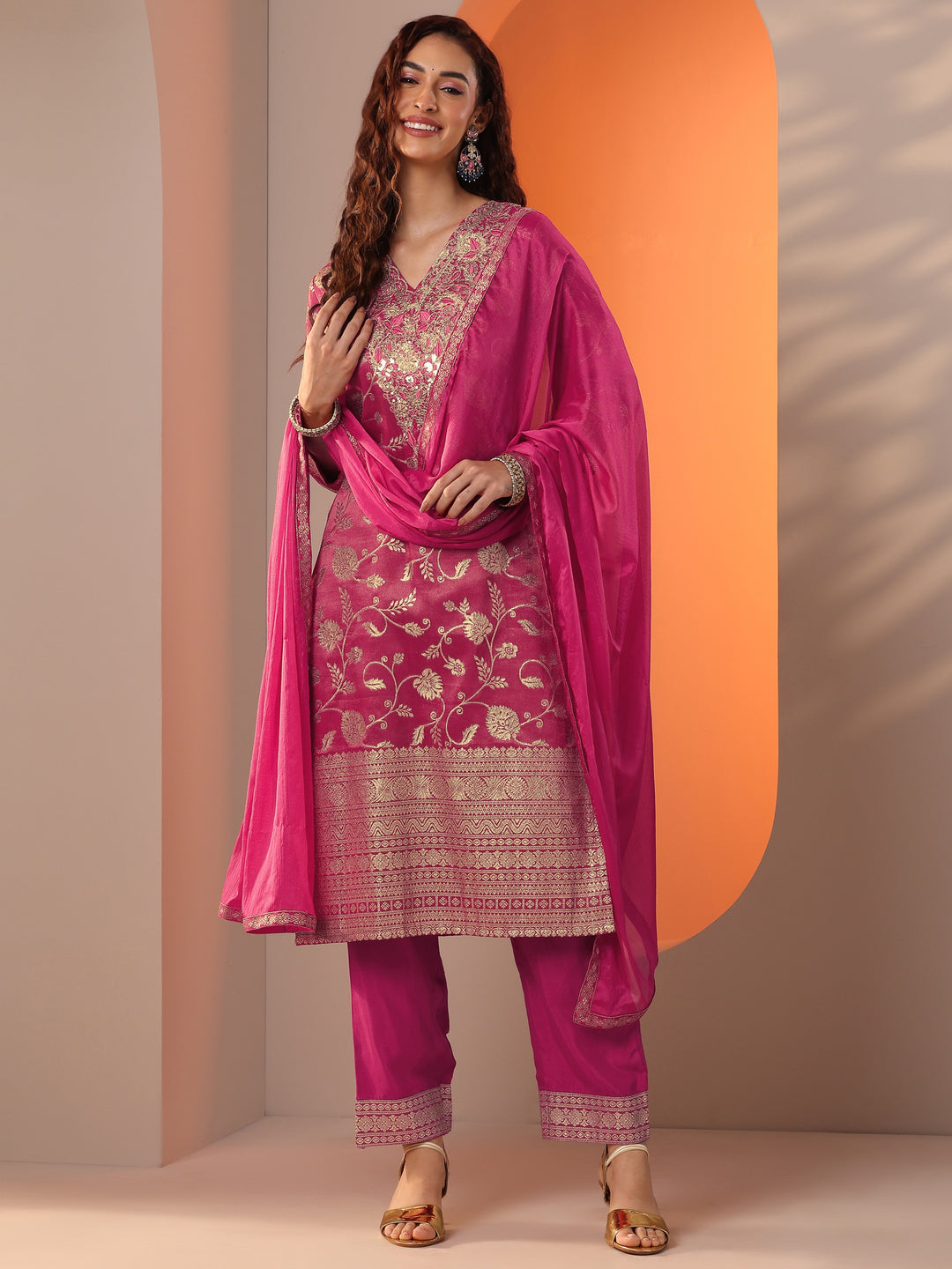  Pink Embellished Silk Blend Straight Suit Set With Dupatta 