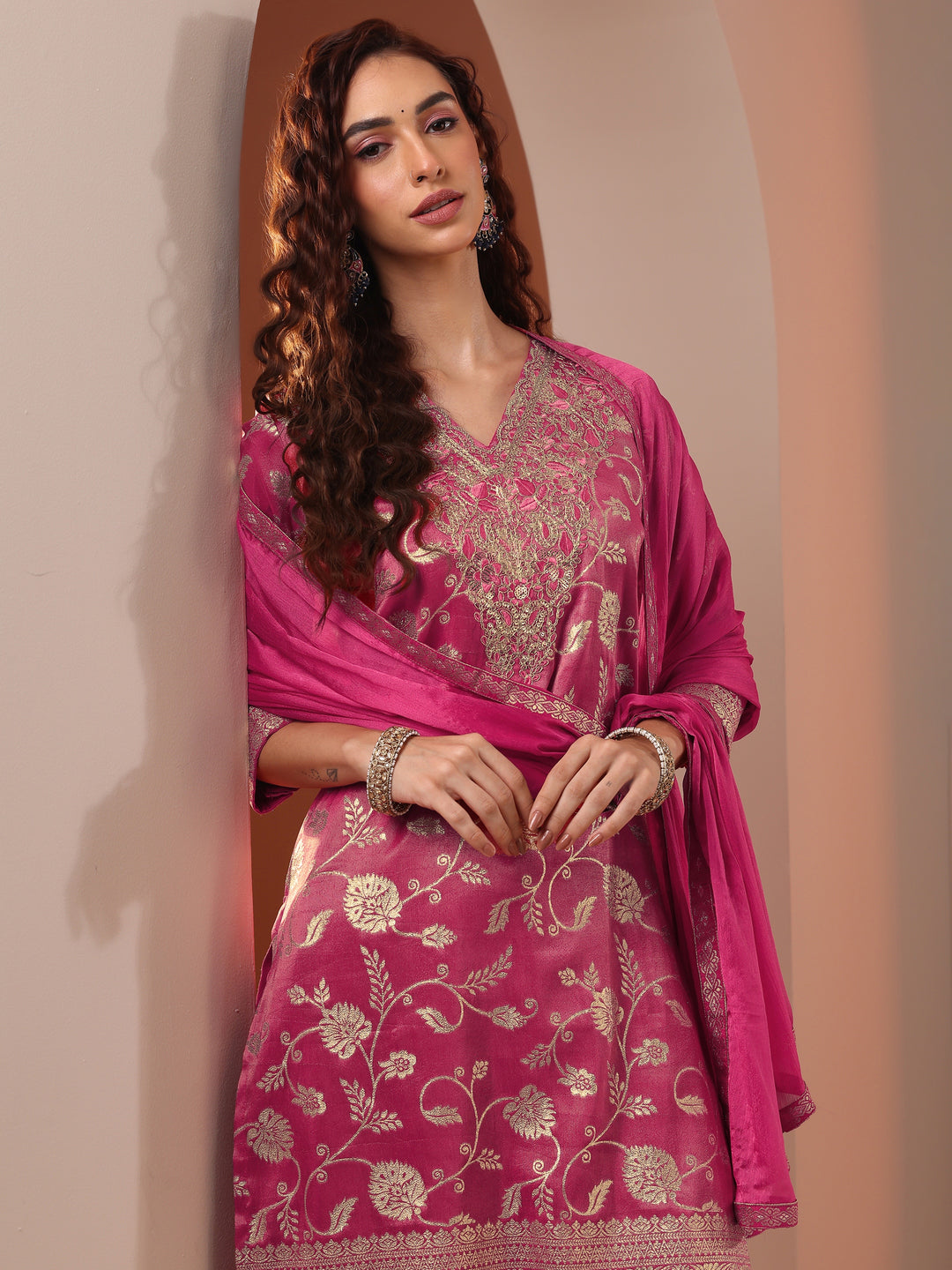 Pink Embellished Silk Blend Straight Suit Set With Dupatta 