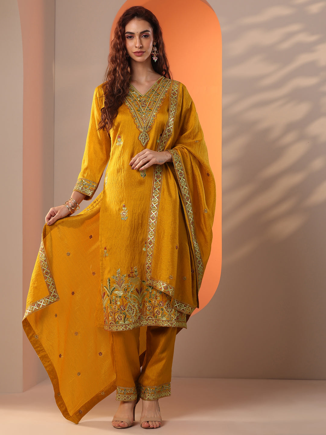  Mustard Embroidered Silk Blend Straight Suit Set With Dupatta 
