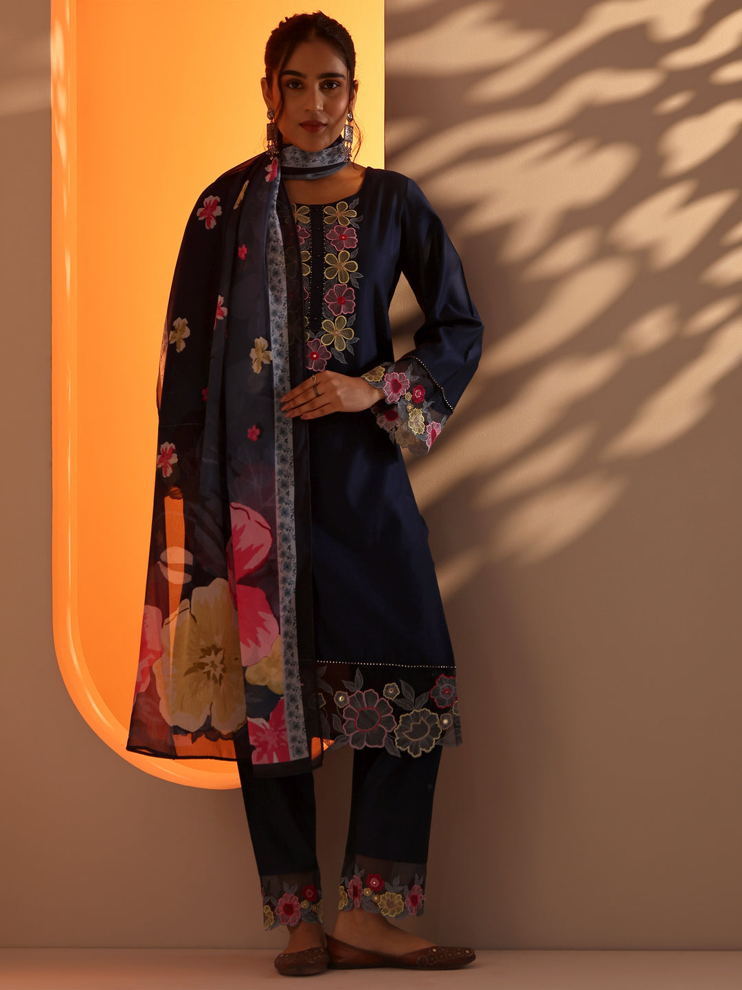  Navy Blue Embroidered Silk Blend Straight Suit Set With Dupatta 
