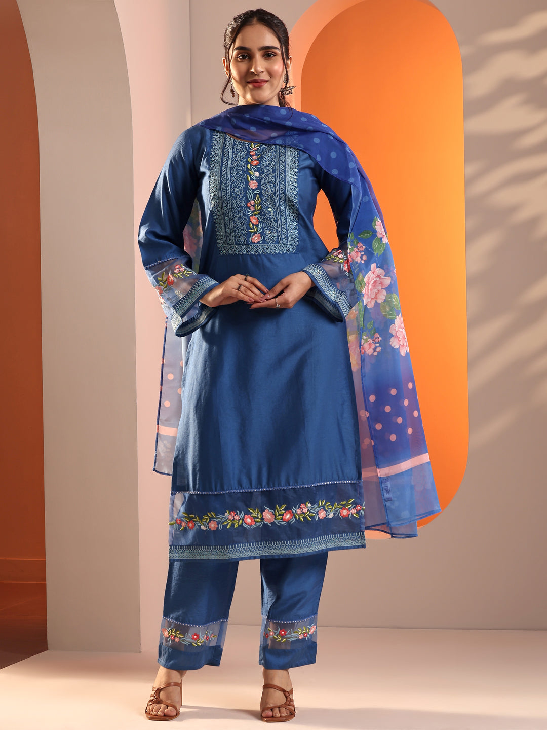  Blue Embroidered Silk Blend Straight Suit Set With Dupatta 