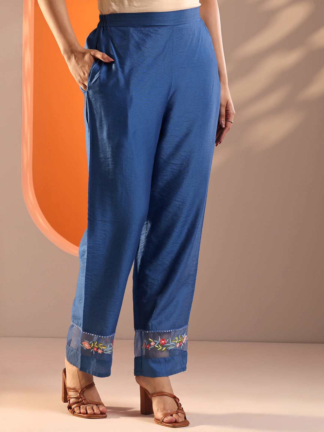  Blue Embroidered Silk Blend Straight Suit Set With Dupatta 