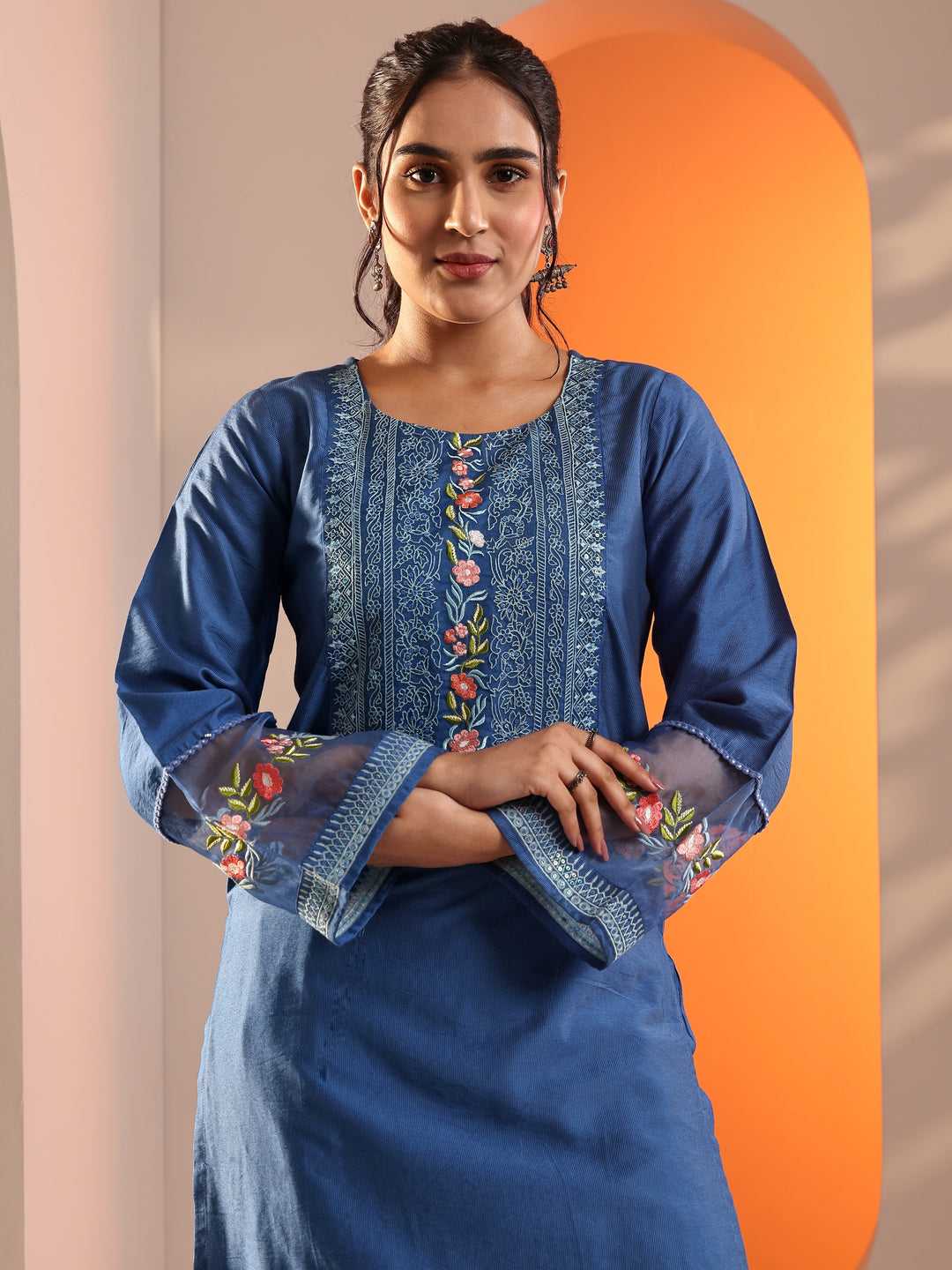  Blue Embroidered Silk Blend Straight Suit Set With Dupatta 