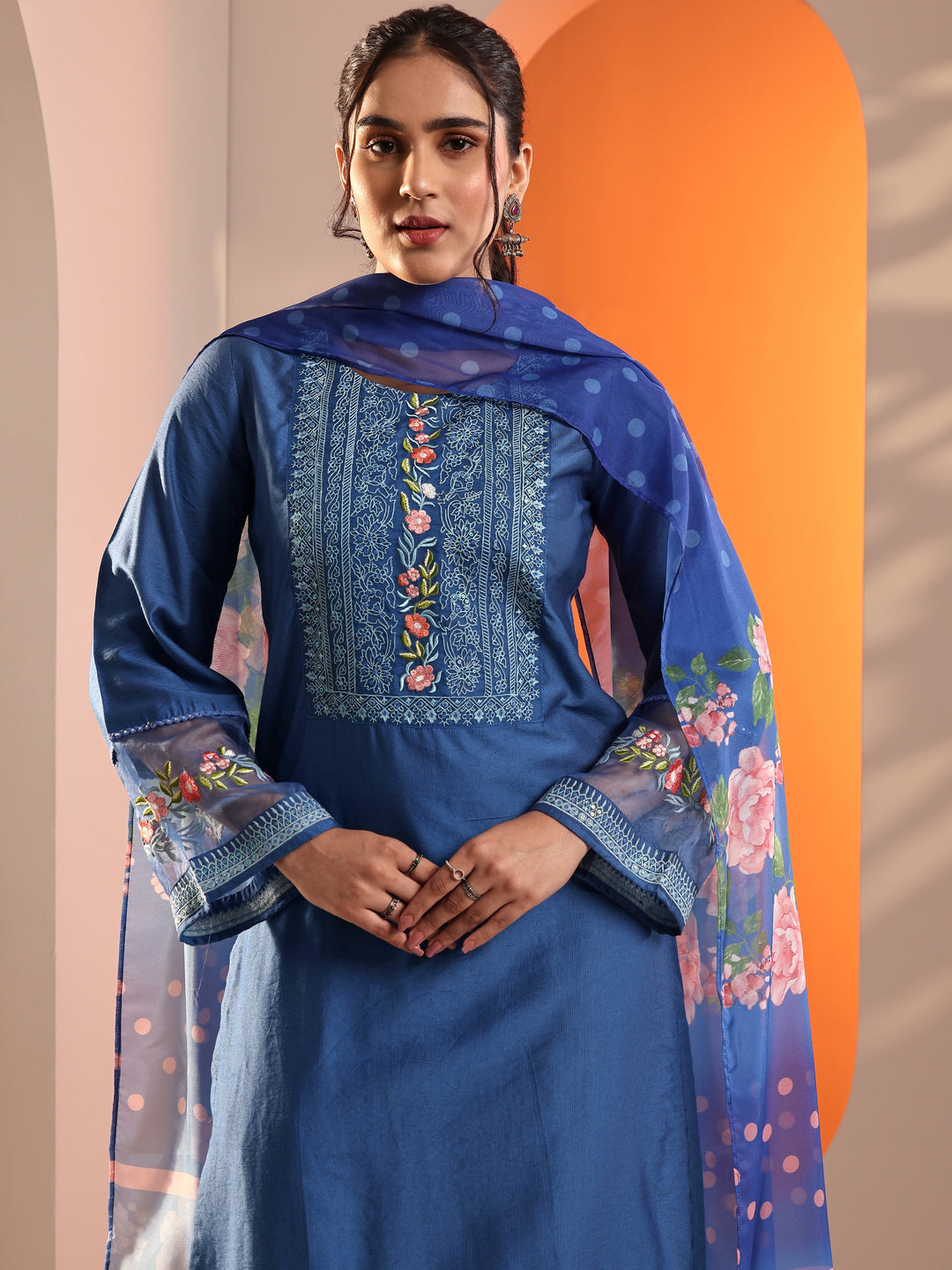  Blue Embroidered Silk Blend Straight Suit Set With Dupatta 