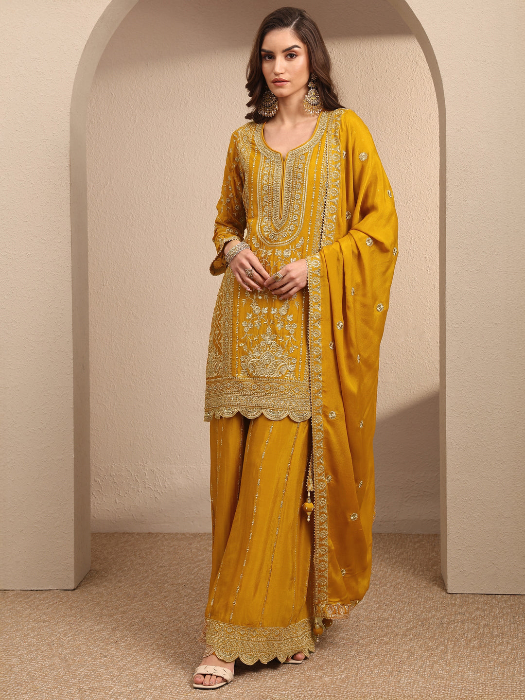  Libas Art Mustard Embroidered Chinon Straight Suit Set With Dupatta 