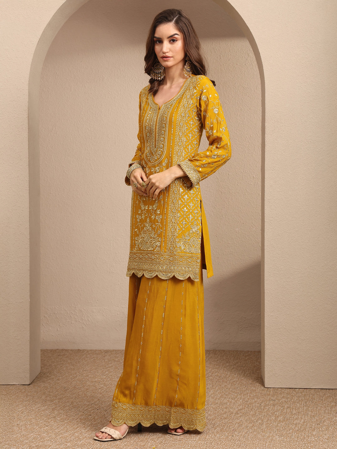  Libas Art Mustard Embroidered Chinon Straight Suit Set With Dupatta 