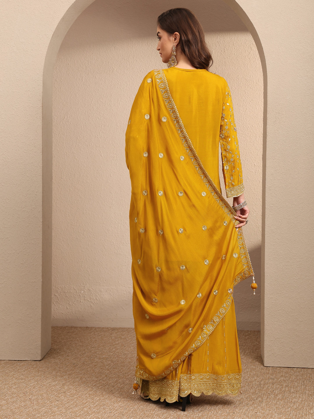  Libas Art Mustard Embroidered Chinon Straight Suit Set With Dupatta 