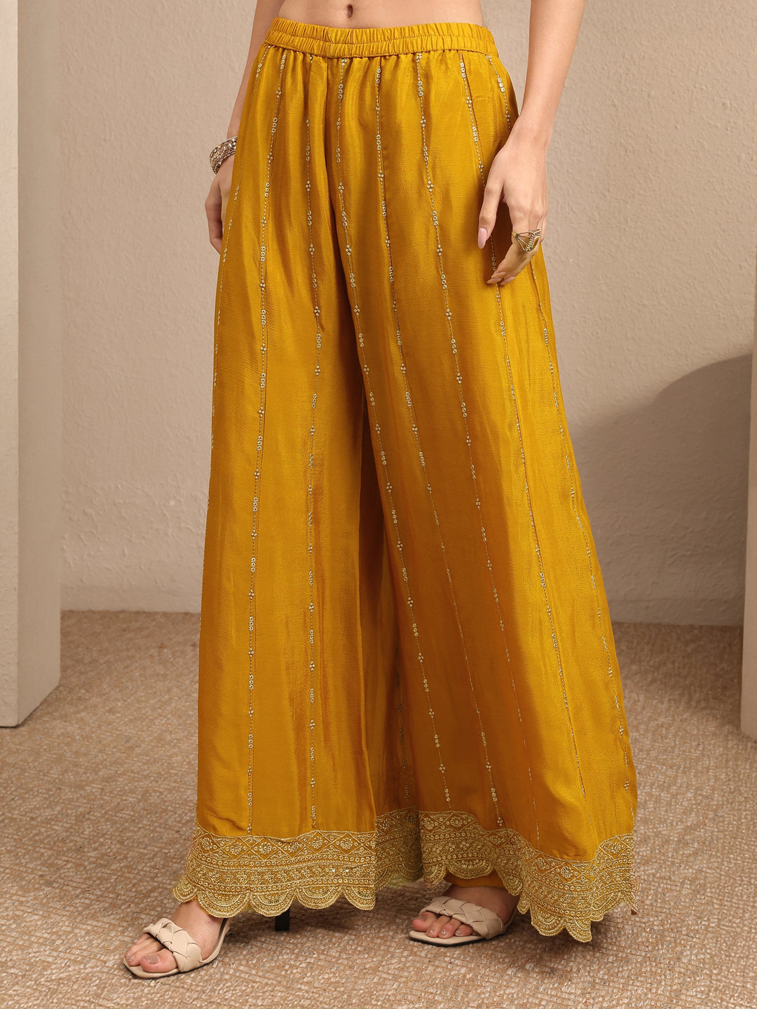  Libas Art Mustard Embroidered Chinon Straight Suit Set With Dupatta 