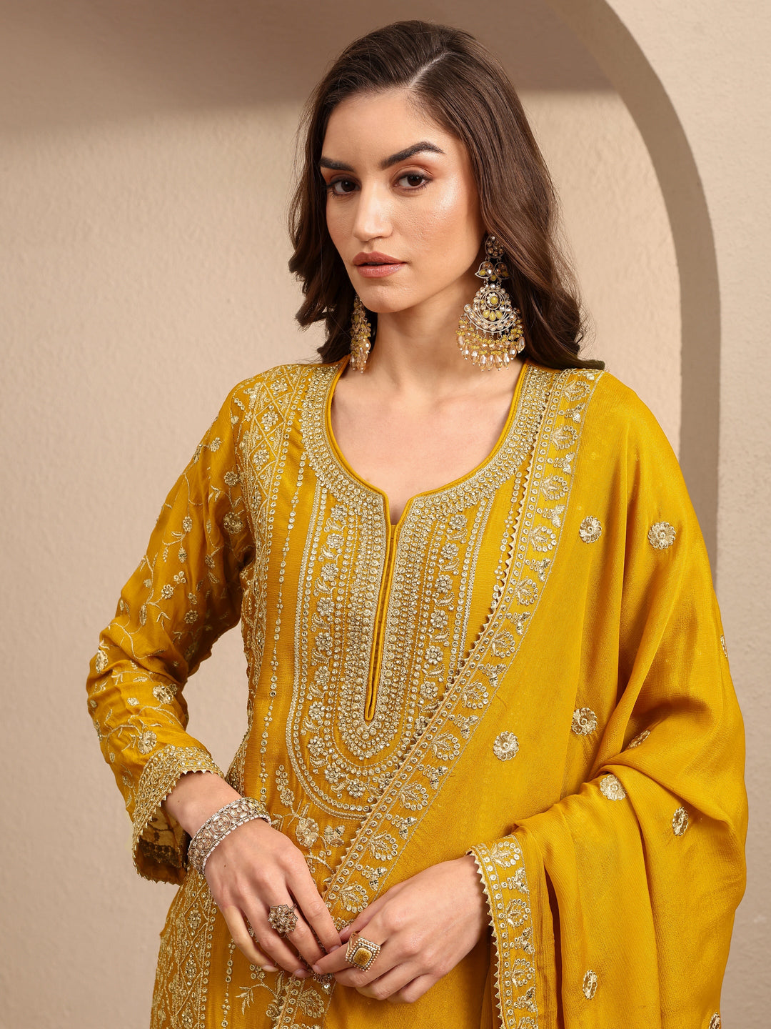  Libas Art Mustard Embroidered Chinon Straight Suit Set With Dupatta 