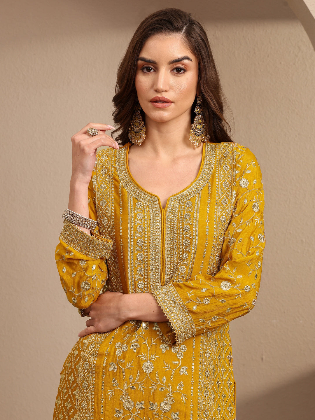  Libas Art Mustard Embroidered Chinon Straight Suit Set With Dupatta 