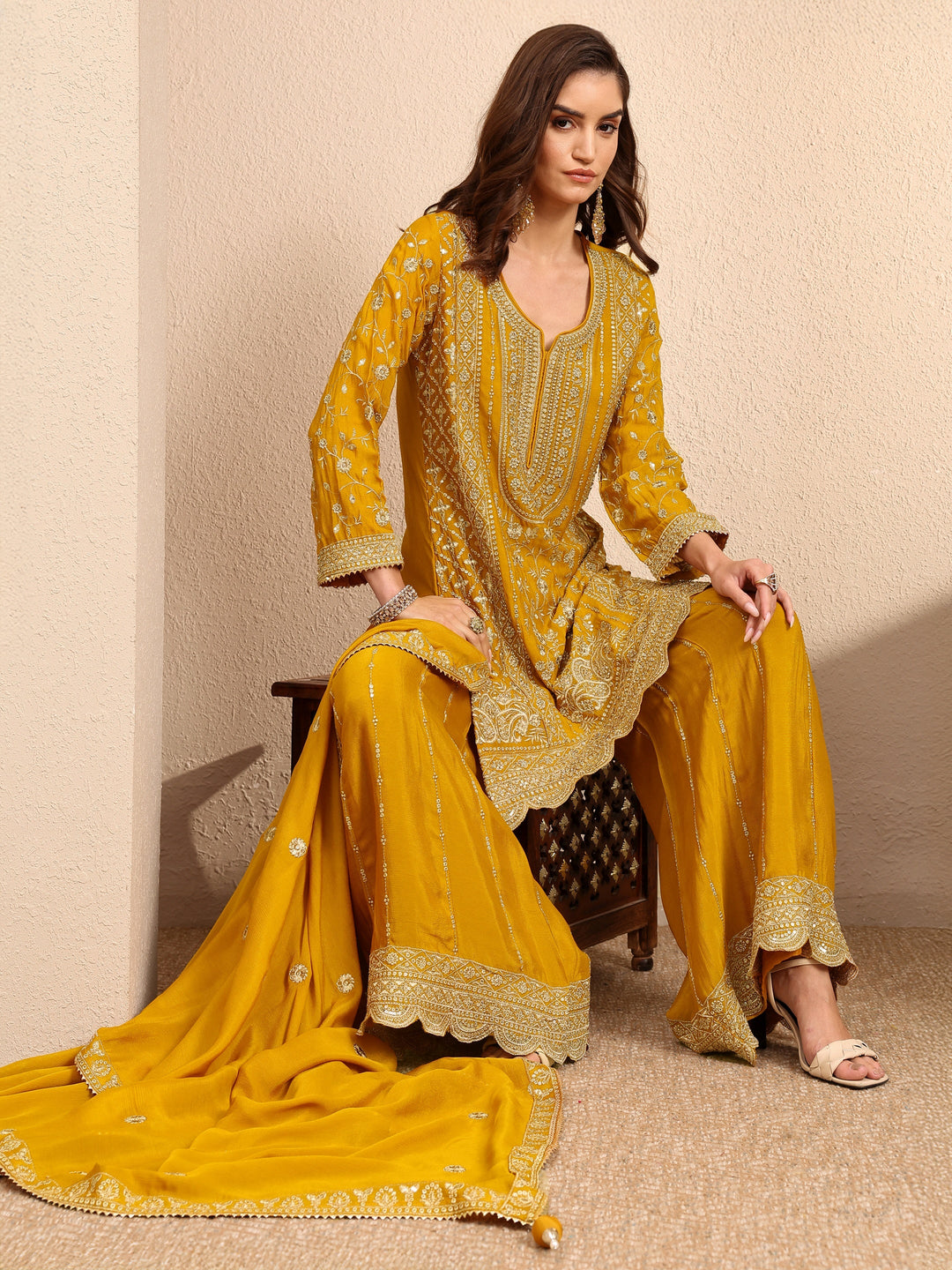  Libas Art Mustard Embroidered Chinon Straight Suit Set With Dupatta 