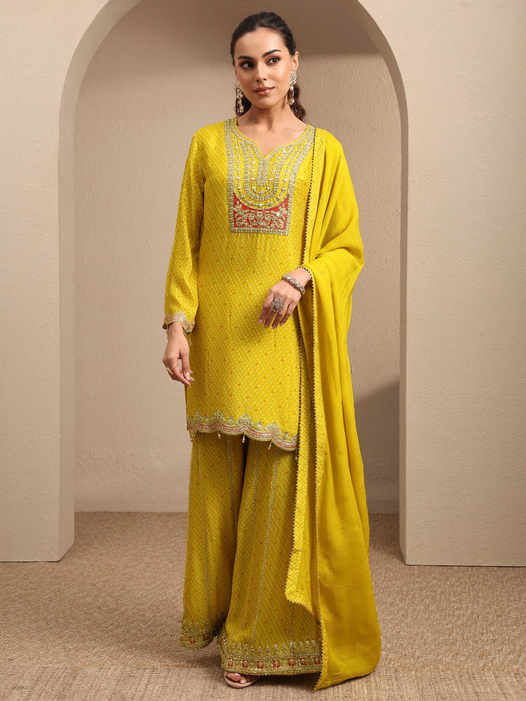  Libas Art Yellow Bandhani Printed Chinon Suit Set With Dupatta 