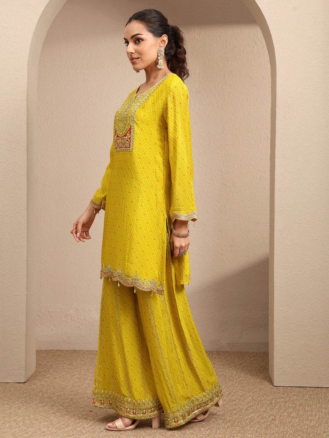  Libas Art Yellow Bandhani Printed Chinon Suit Set With Dupatta 
