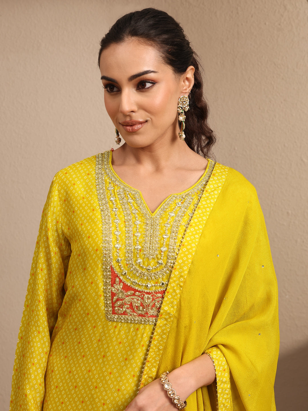  Libas Art Yellow Bandhani Printed Chinon Suit Set With Dupatta 