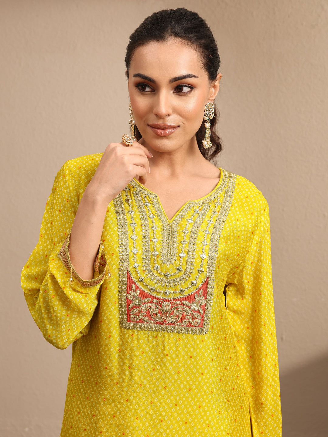  Libas Art Yellow Bandhani Printed Chinon Suit Set With Dupatta 