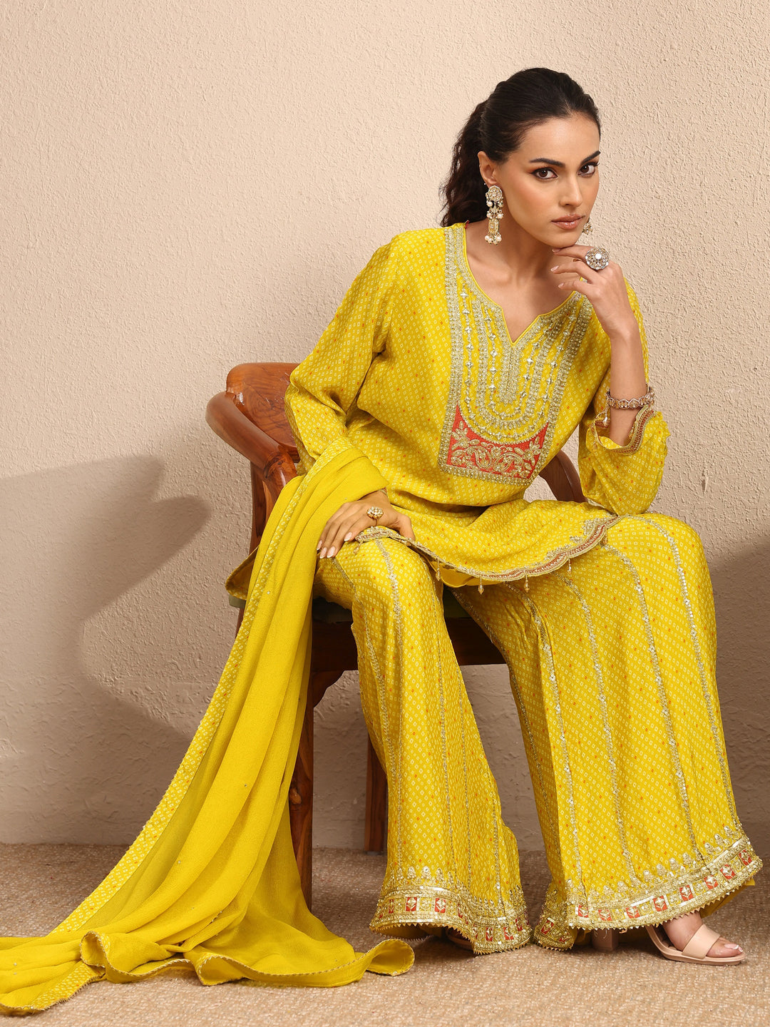  Libas Art Yellow Bandhani Printed Chinon Suit Set With Dupatta 