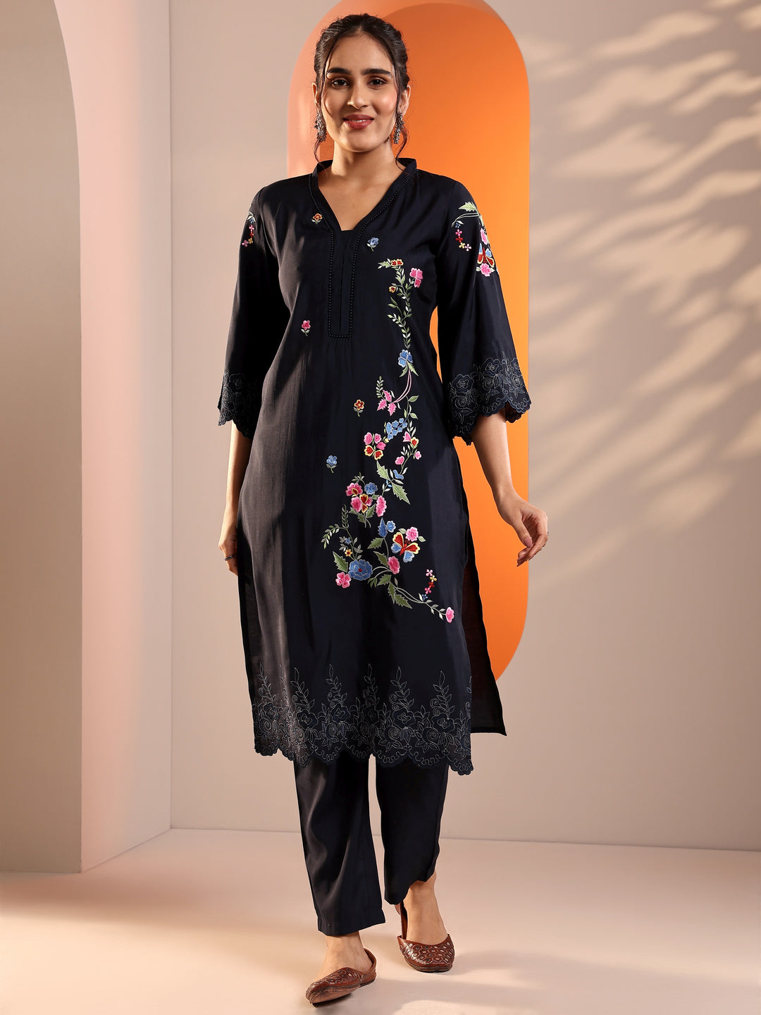  Navy Blue Embroidered Silk Blend Straight Kurta Set 