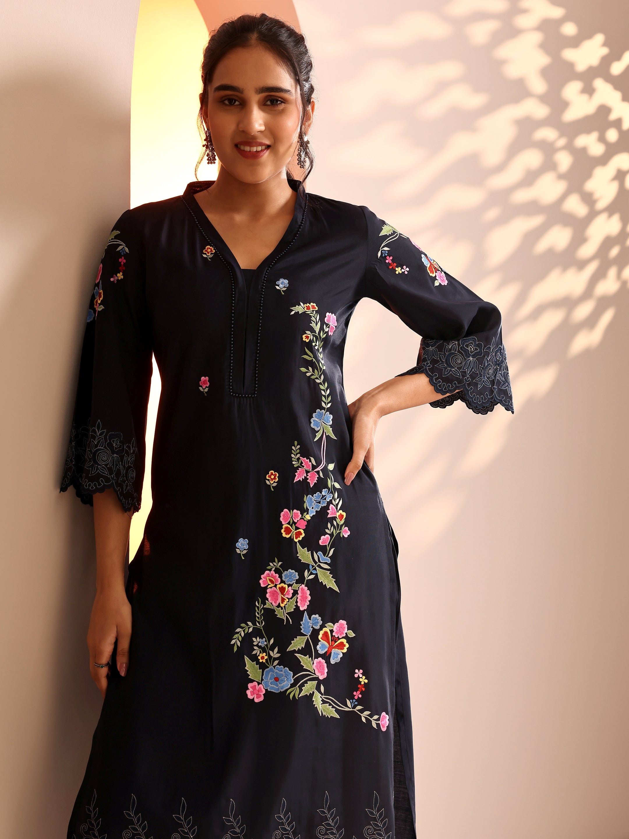 libas Navy Blue Embroidered Silk Blend Straight Kurta Set-picture-60
