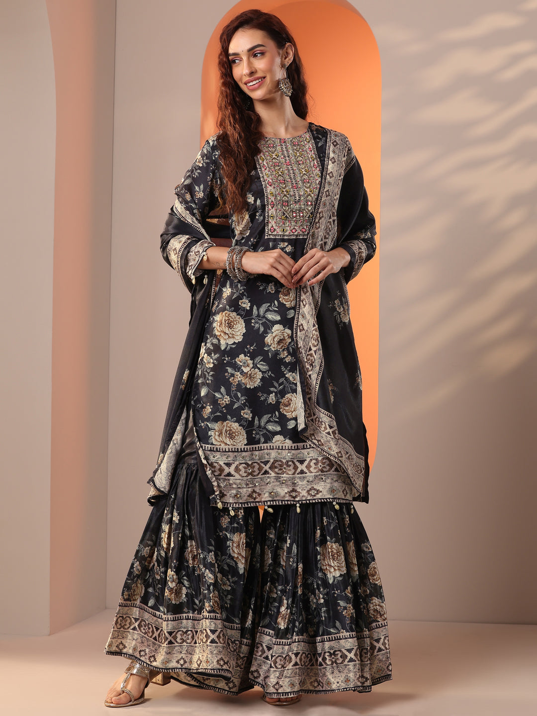  Libas Art Black Embellished Chinon Straight Suit Set With Dupatta 