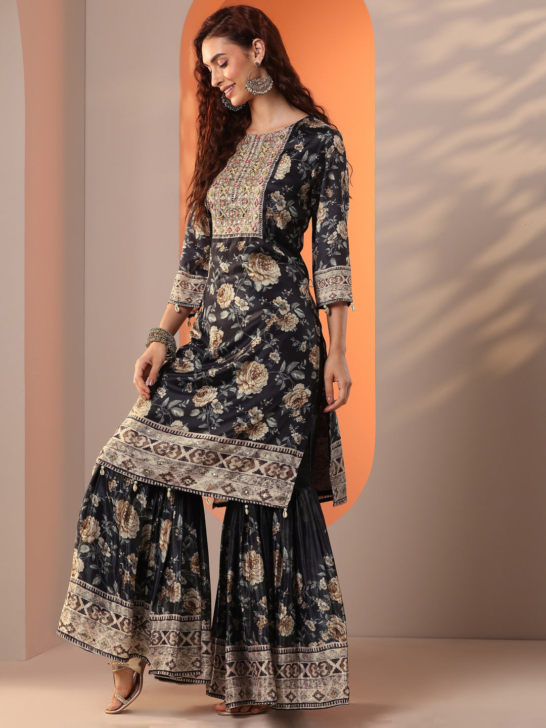  Libas Art Black Embellished Chinon Straight Suit Set With Dupatta 