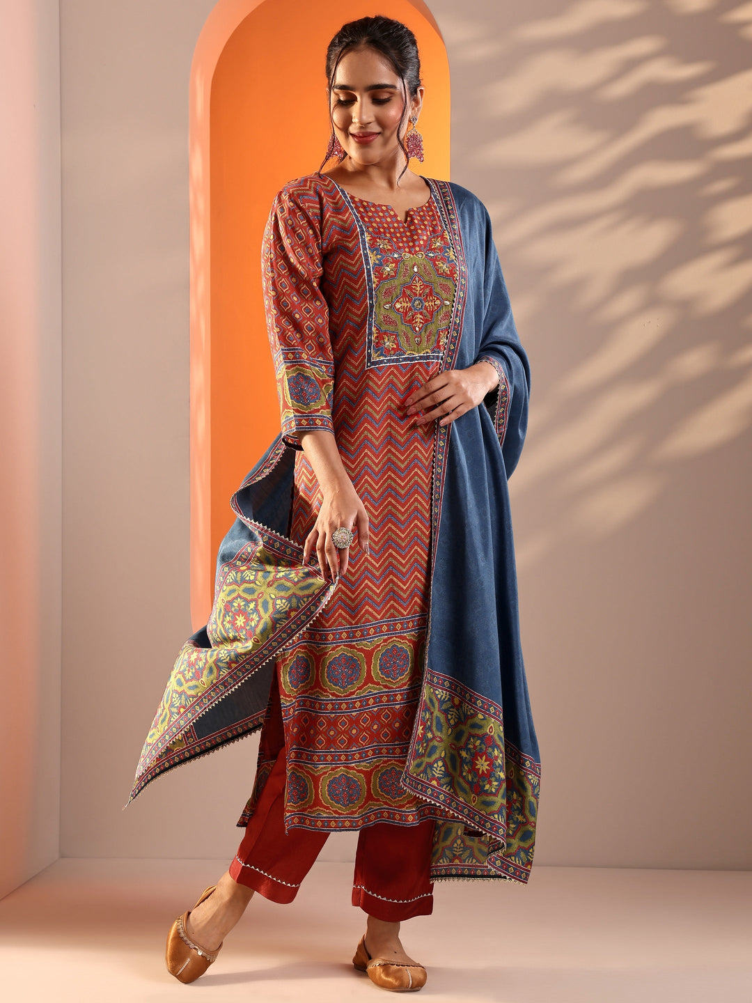  Coral Embroidered Silk Blend Straight Suit Set With Dupatta 