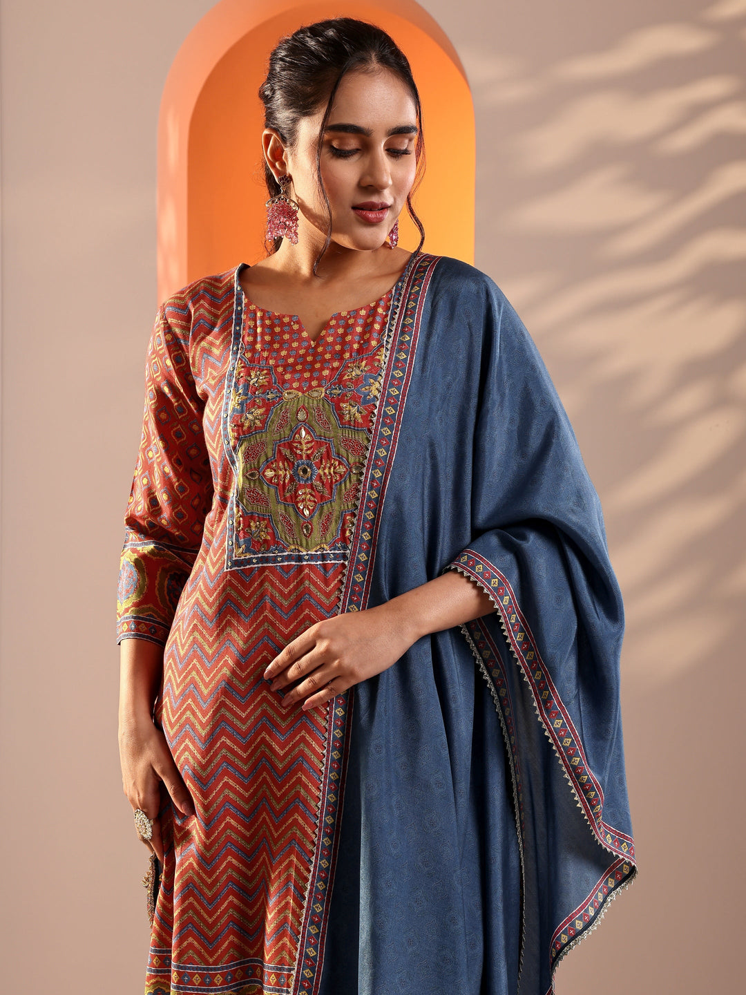  Coral Embroidered Silk Blend Straight Suit Set With Dupatta 