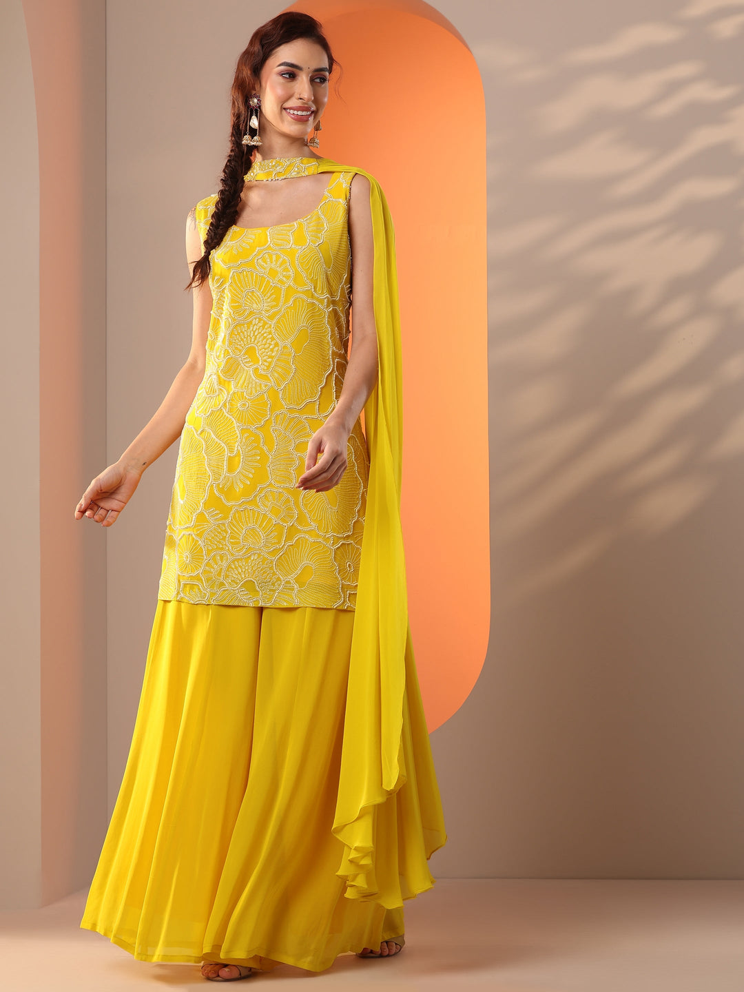  Yellow Embellished Georgette Straight Suit Set With Dupatta 