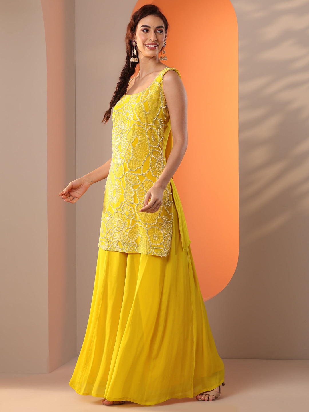  Yellow Embellished Georgette Straight Suit Set With Dupatta 