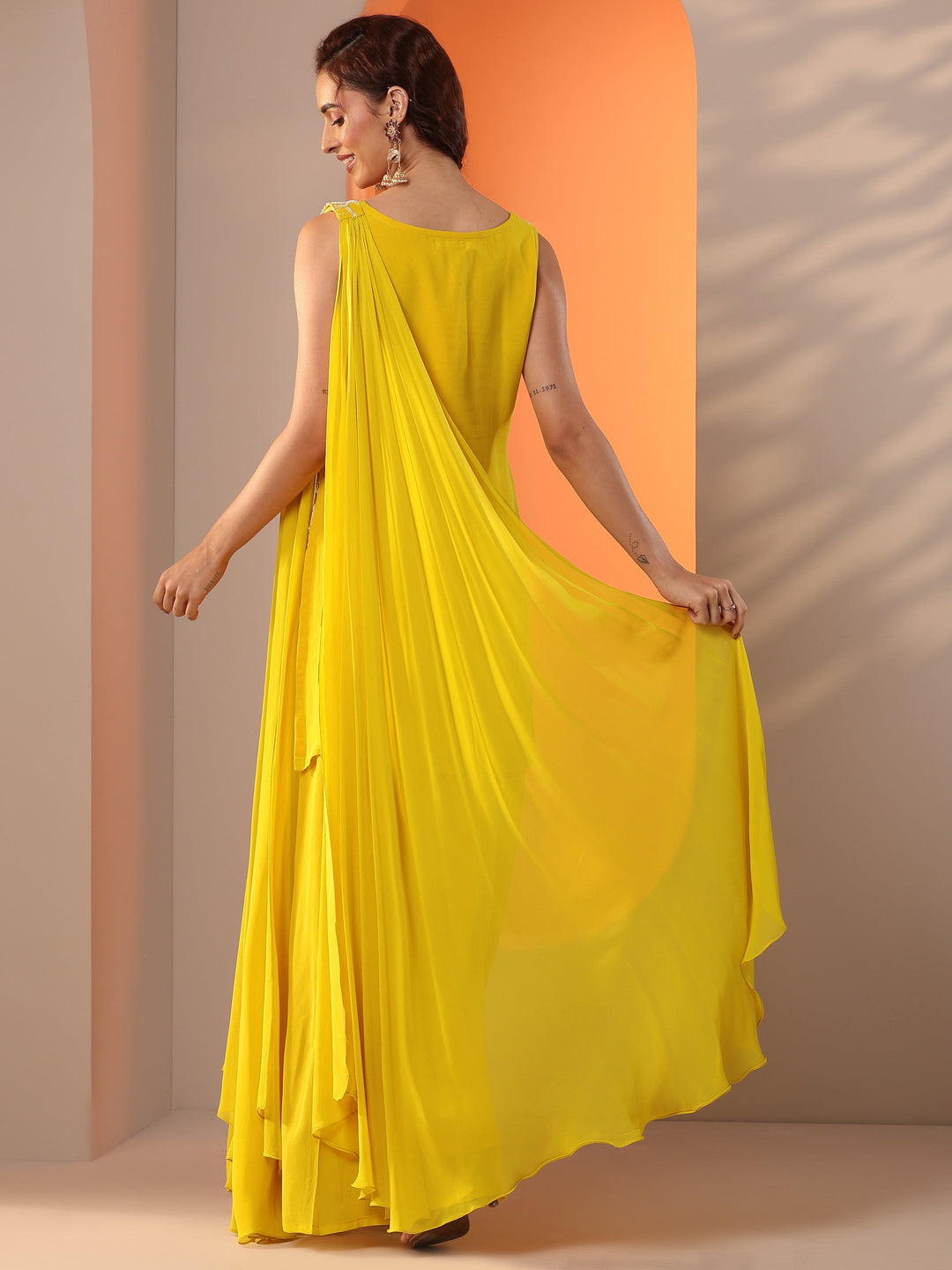  Yellow Embellished Georgette Straight Suit Set With Dupatta 