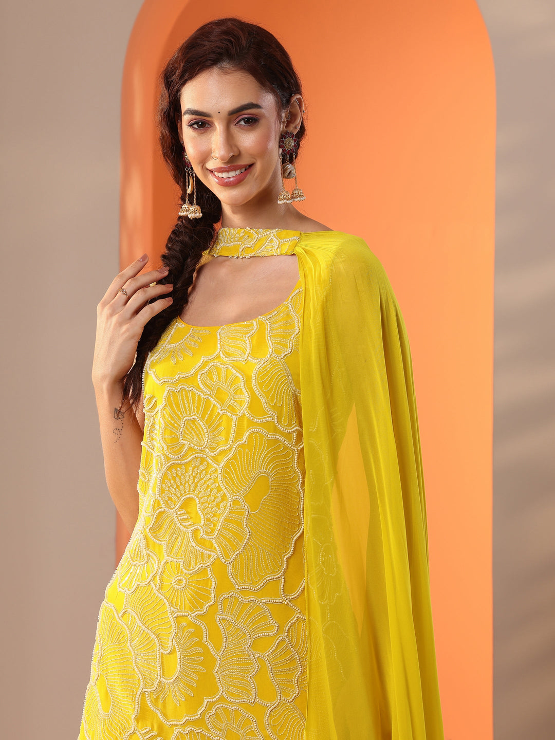  Yellow Embellished Georgette Straight Suit Set With Dupatta 