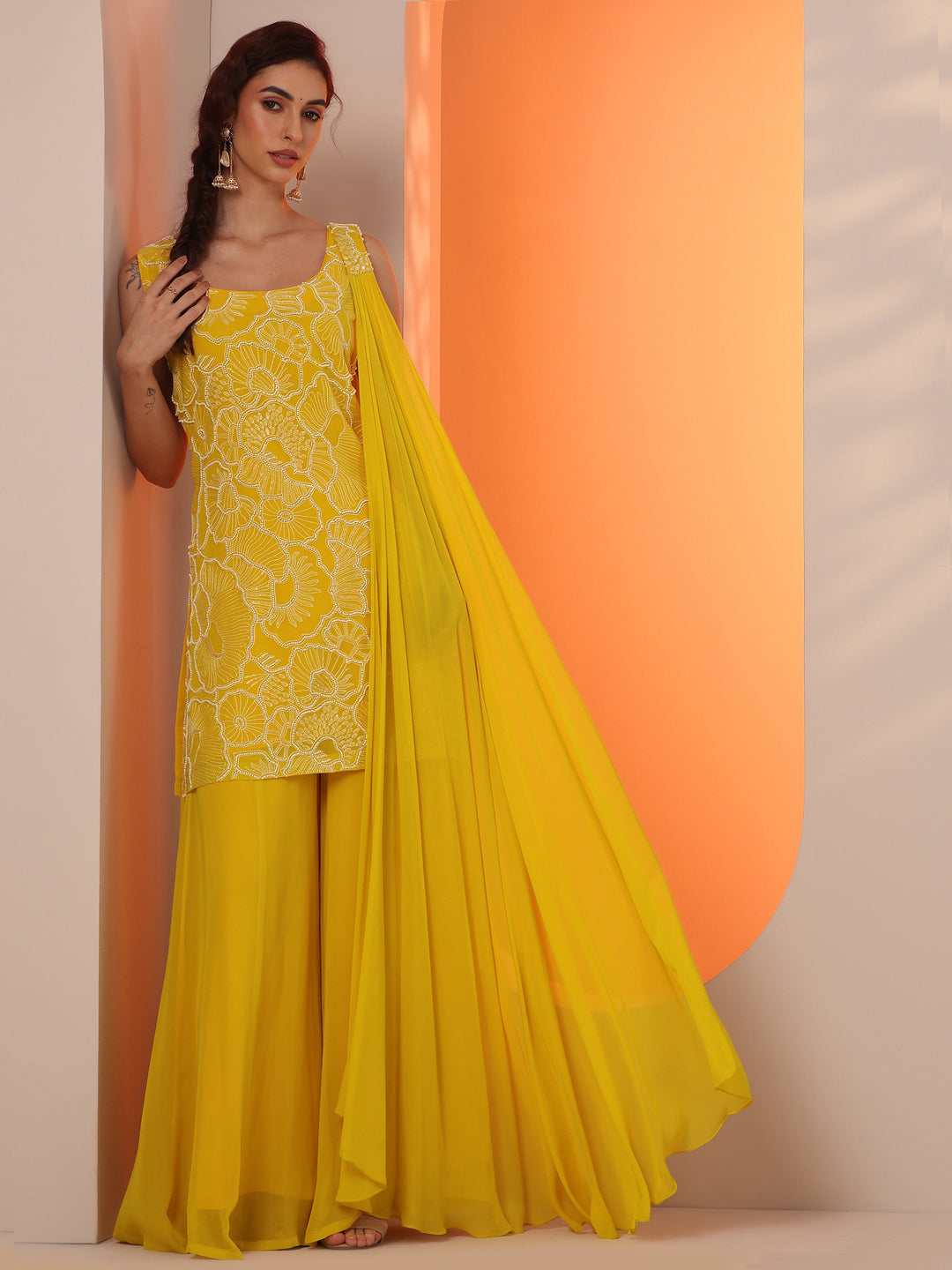  Yellow Embellished Georgette Straight Suit Set With Dupatta 