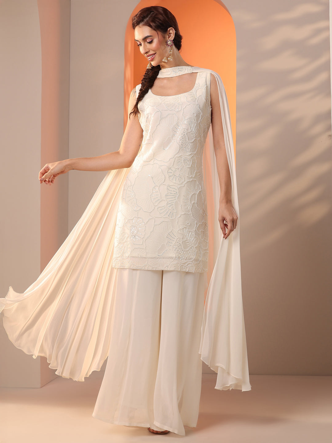  Libas Art White Embellished Georgette Straight Suit Set With Dupatta 