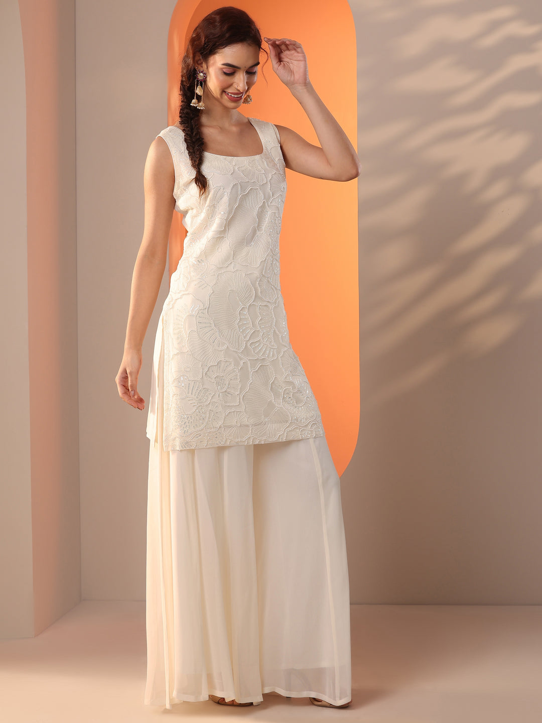  Libas Art White Embellished Georgette Straight Suit Set With Dupatta 