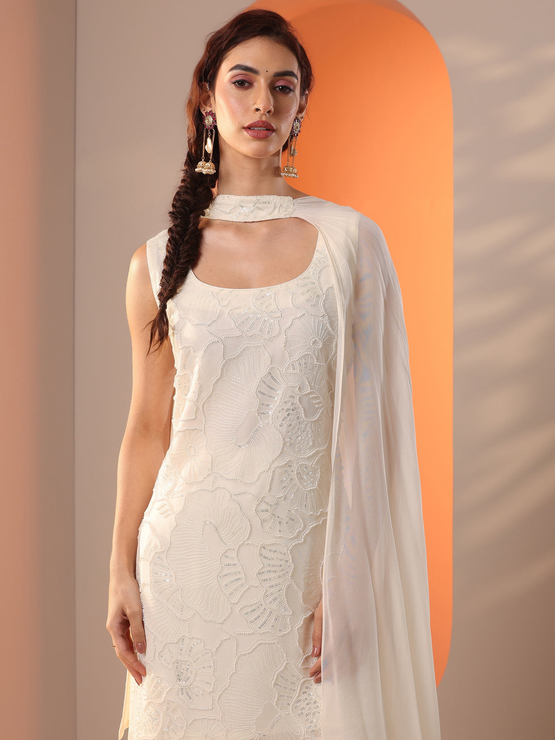  Libas Art White Embellished Georgette Straight Suit Set With Dupatta 