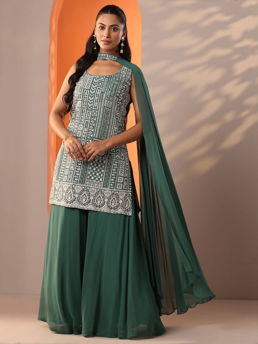  Libas Art Green Embellished Georgette Straight Suit Set With Dupatta 