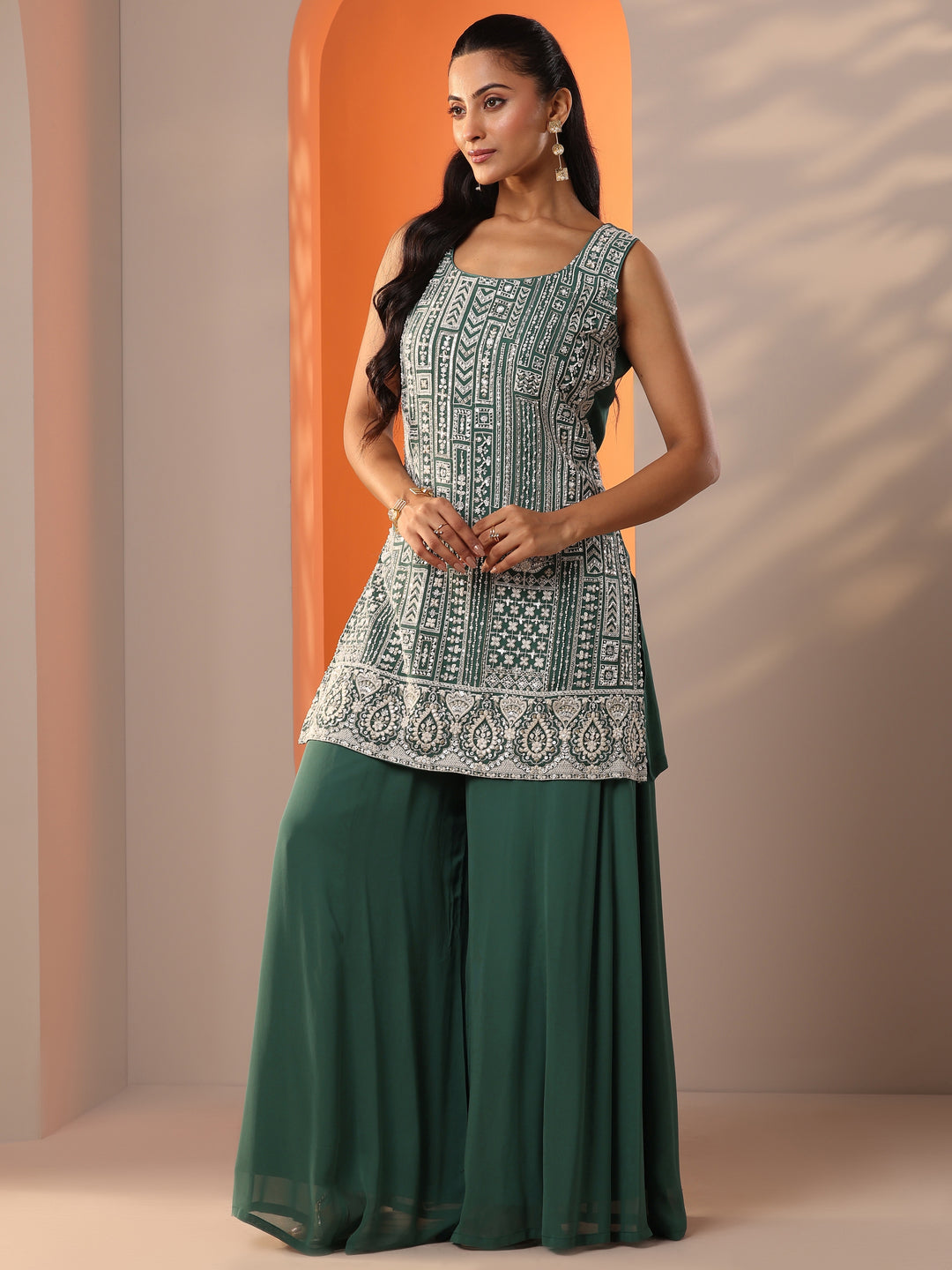  Libas Art Green Embellished Georgette Straight Suit Set With Dupatta 