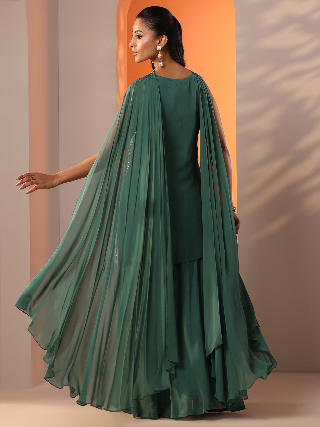  Libas Art Green Embellished Georgette Straight Suit Set With Dupatta 