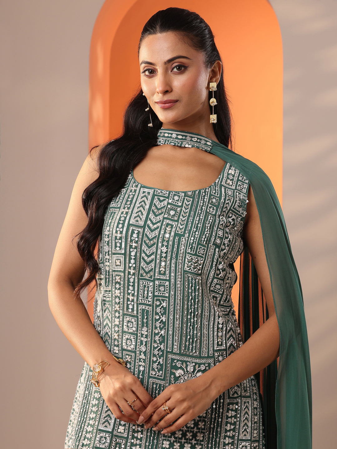  Libas Art Green Embellished Georgette Straight Suit Set With Dupatta 