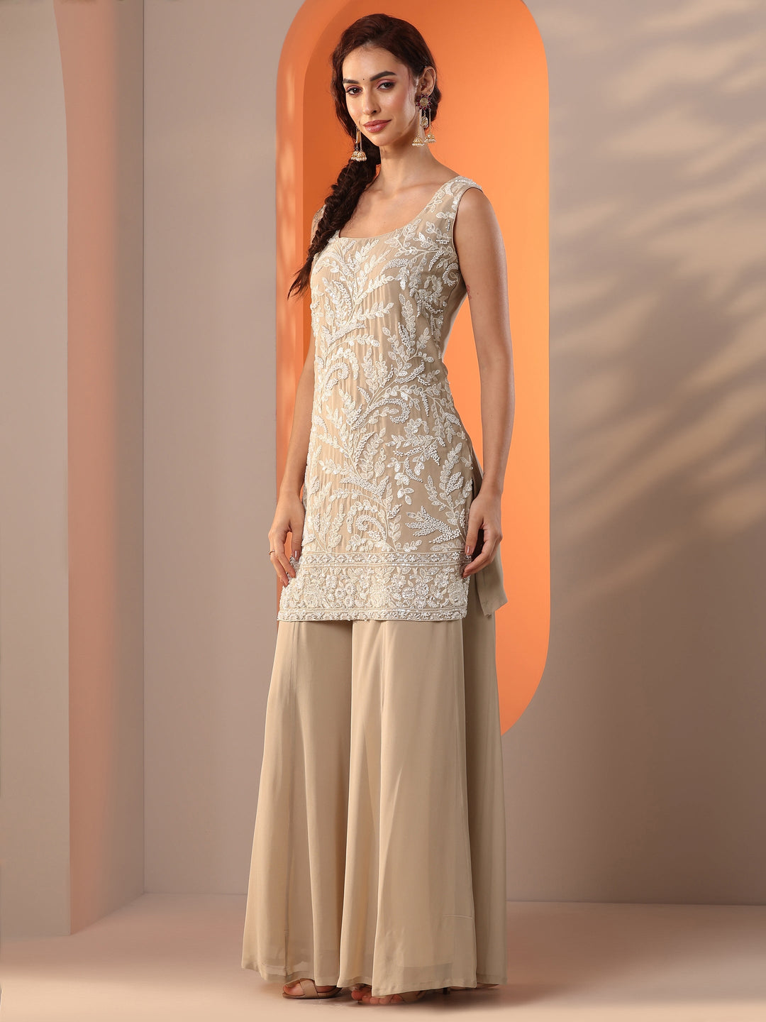  Tan Embellished Georgette Straight Suit Set With Dupatta 