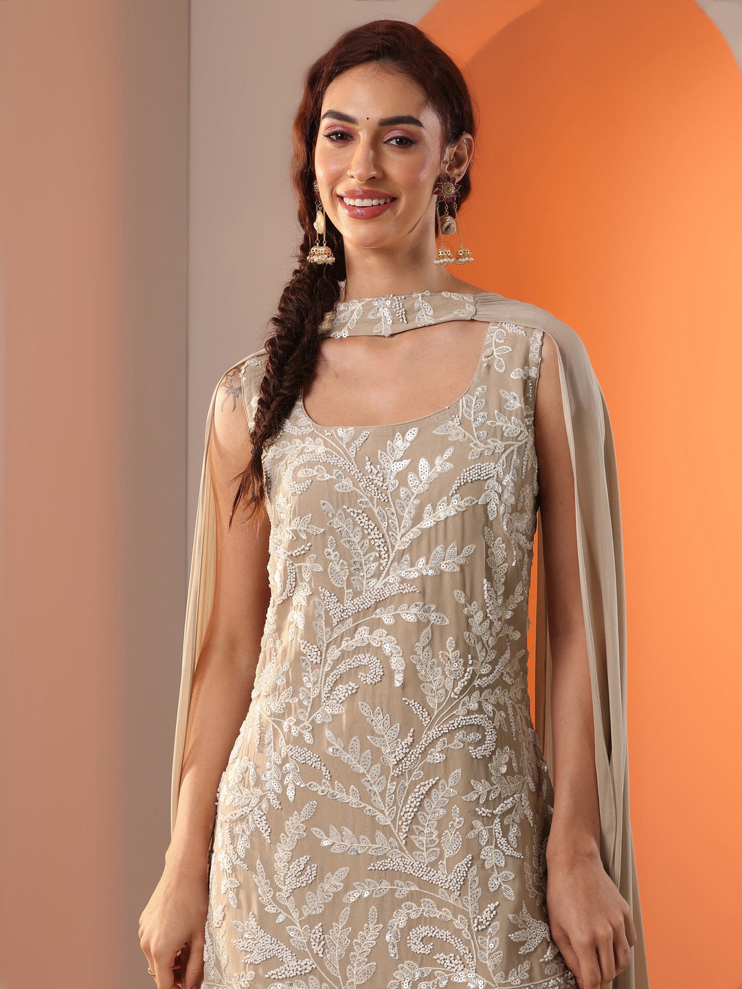  Tan Embellished Georgette Straight Suit Set With Dupatta 
