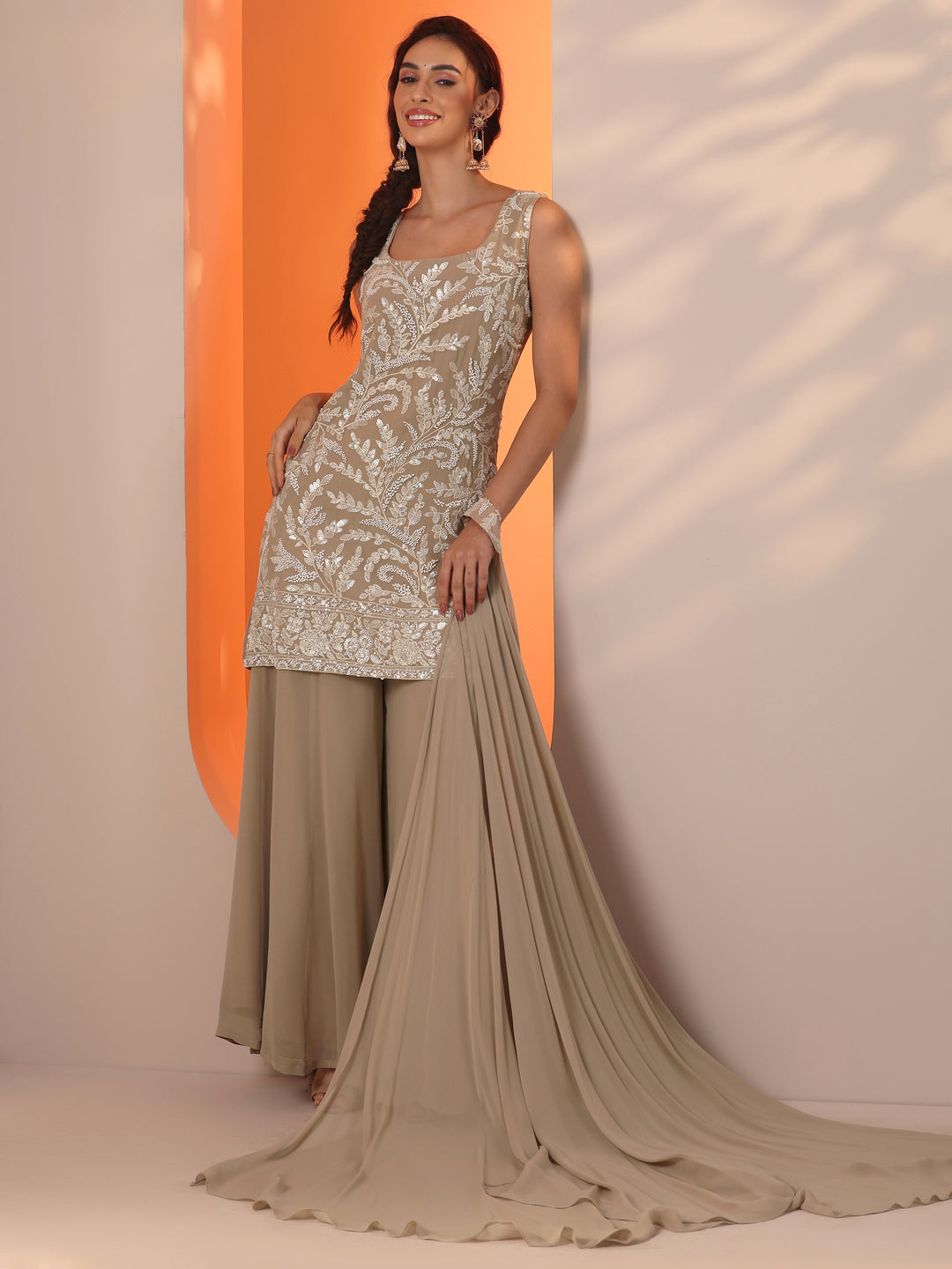 Tan Embellished Georgette Straight Suit Set With Dupatta