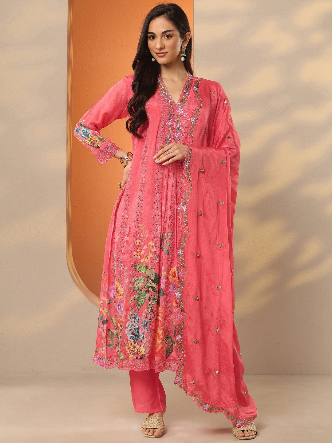  Libas Art Coral Embroidered Chinon Straight Suit Set With Dupatta 
