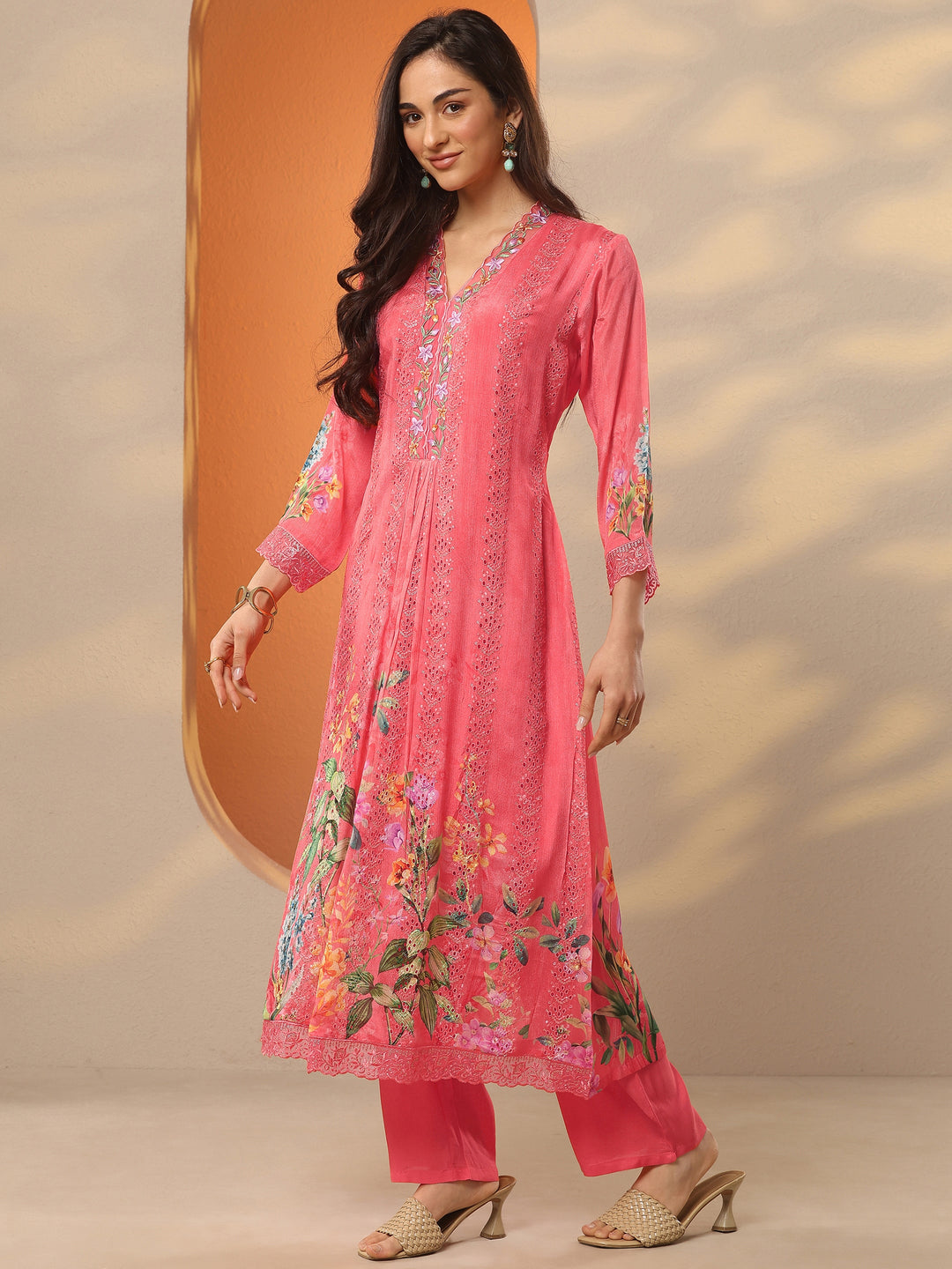  Libas Art Coral Embroidered Chinon Straight Suit Set With Dupatta 