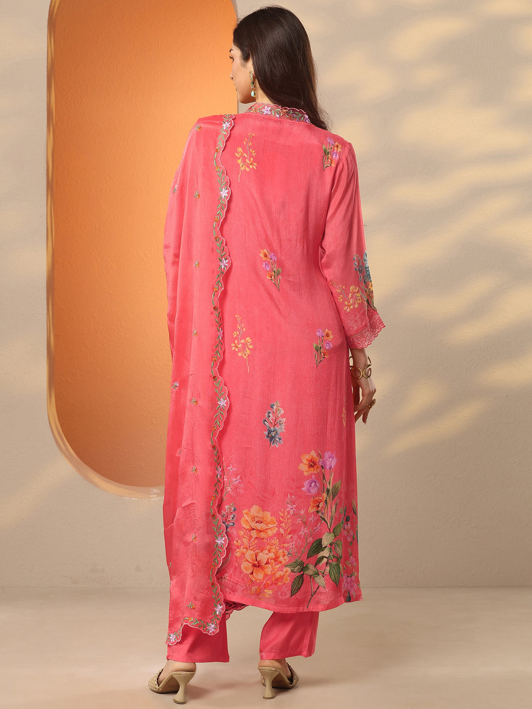  Libas Art Coral Embroidered Chinon Straight Suit Set With Dupatta 