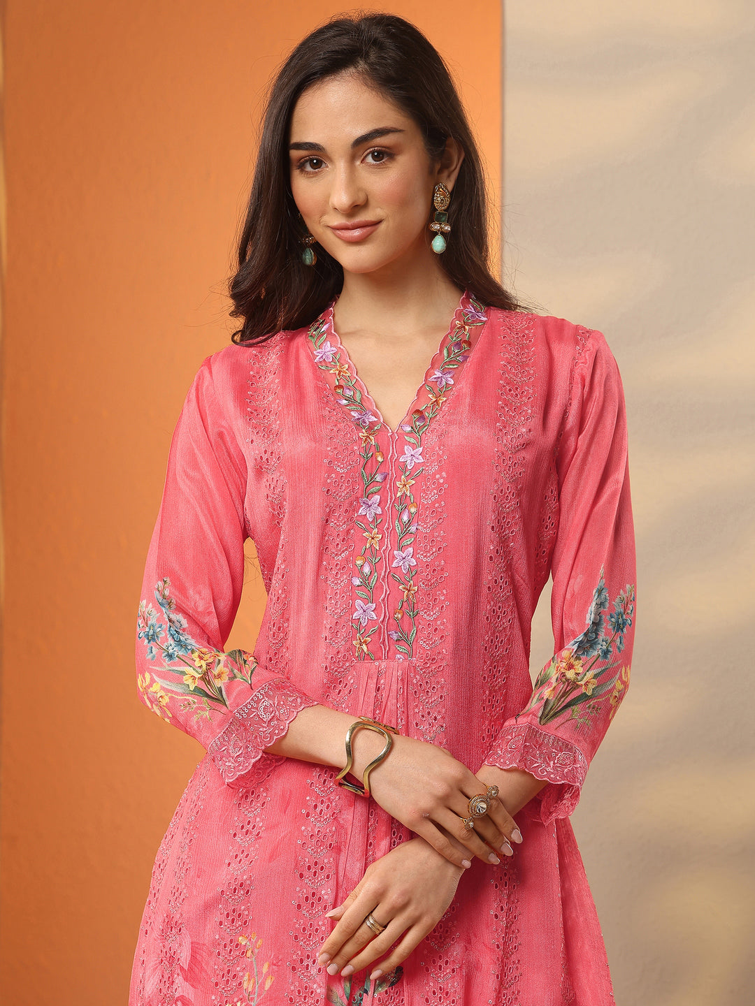  Libas Art Coral Embroidered Chinon Straight Suit Set With Dupatta 