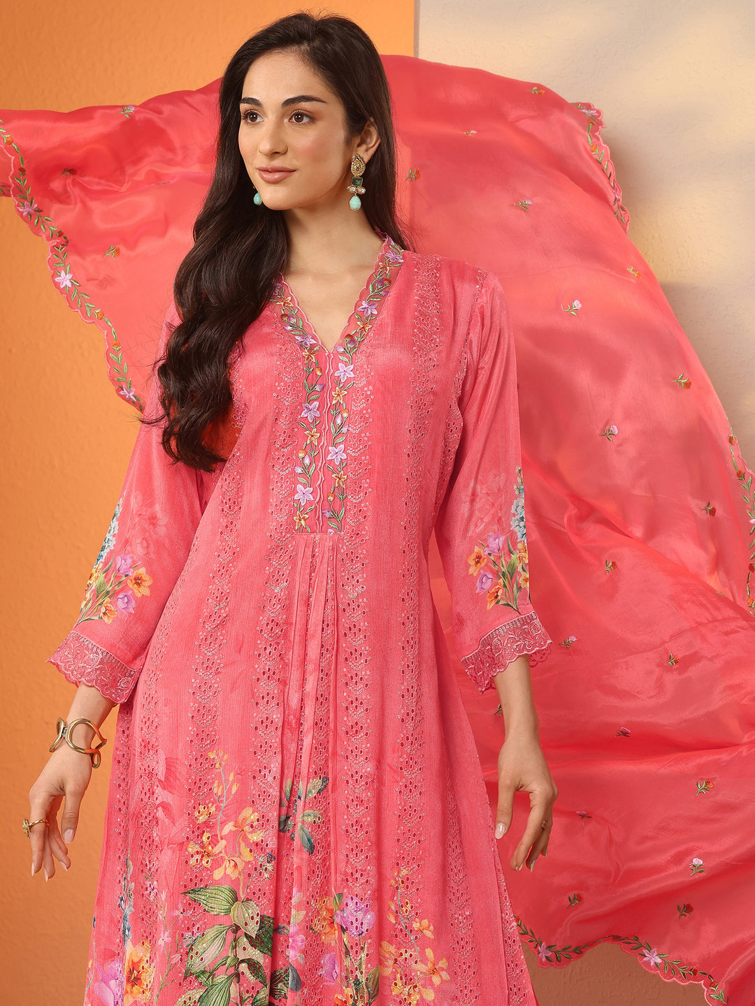  Libas Art Coral Embroidered Chinon Straight Suit Set With Dupatta 