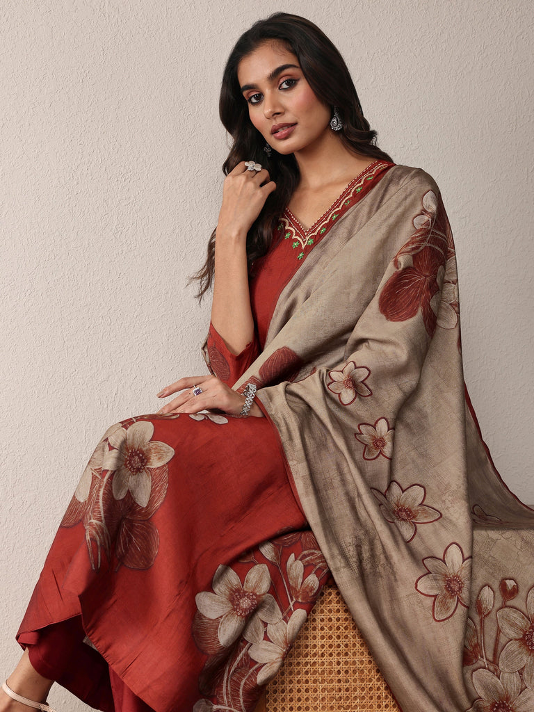 Libas Rust Printed Silk Blend A-Line Suit Set With Dupatta