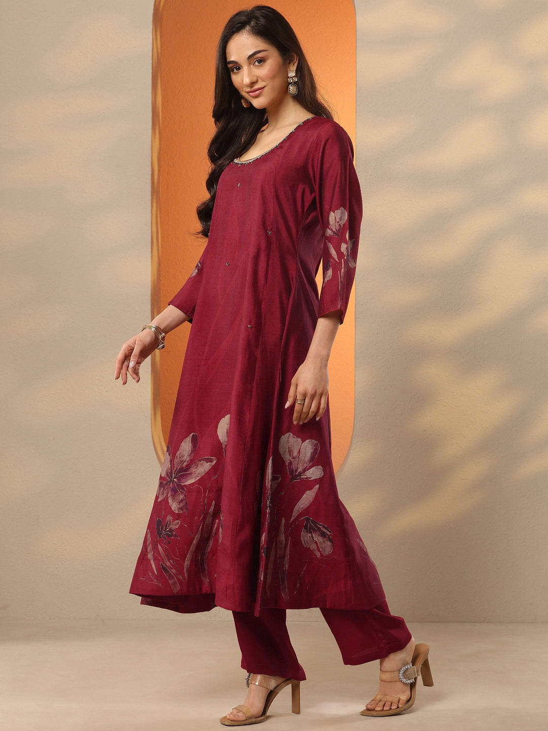  Maroon Printed Silk Blend A-Line Suit Set With Dupatta 